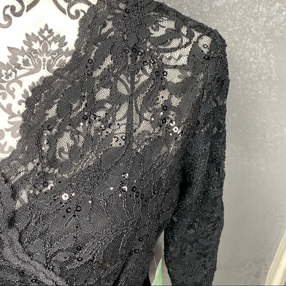 Blu Sage black lace sequin v-neck illusion knee length party formal dress - Picture 5 of 10